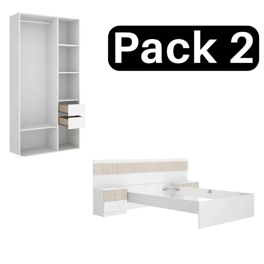 Pack Bianca 2 - Estructura de Cama, Cabezal, Mesitas de Noche y Armario